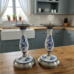 Vintage Blue and White Floral Ceramic Pewter Candle Holders